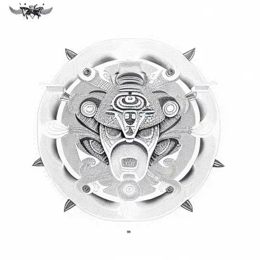 A fusion of African tribal masks and musical instruments in a dotwork style tattoo design idea