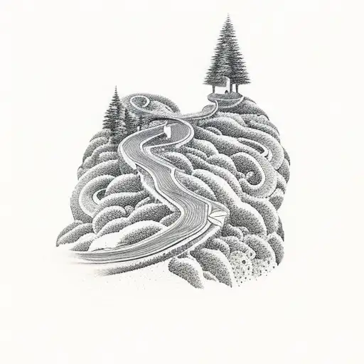 A dotwork design of a winding road leading up a melancholy hill tattoo design idea