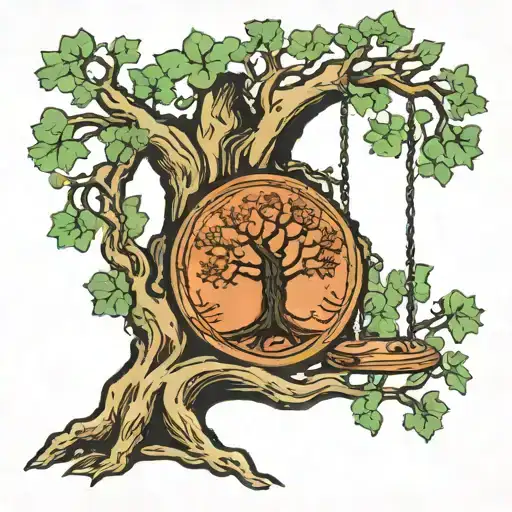 oak tree with tire swing initials JB carved into tree tattoo design idea