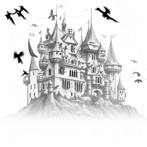 A haunted castle at night with a flock of crows flying above tattoo design idea