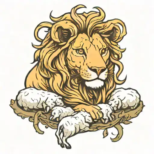lion behind a lamb laying tattoo design idea