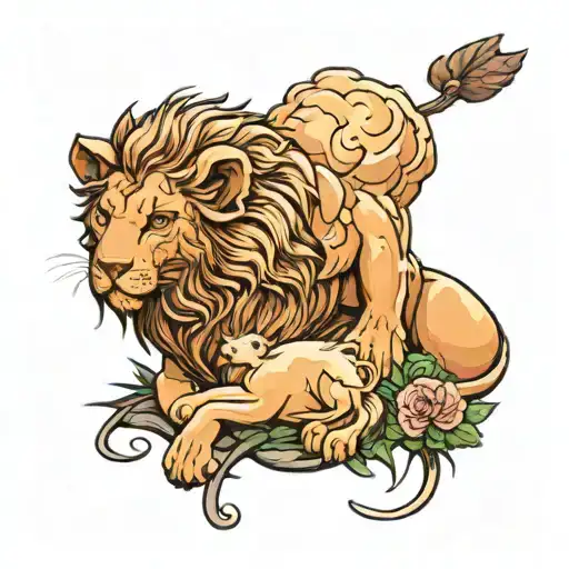 lion behind a lamb laying tattoo design idea