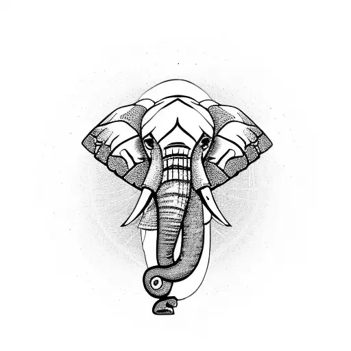 A majestic elephant with its trunk up, surrounded by intricate geometric patterns, symbolizing strength and wisdom tattoo design idea