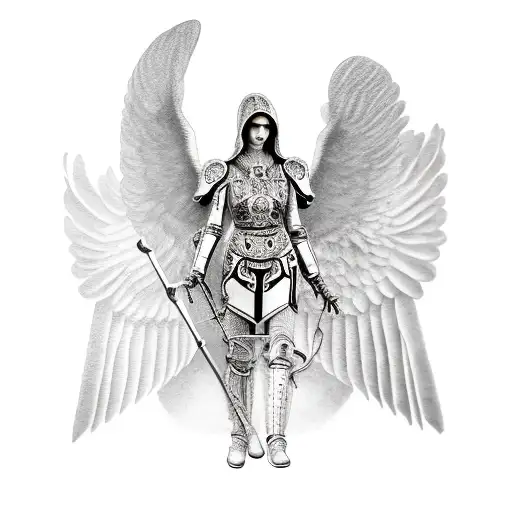 Full humanoid angle, in armor holding a scythe with a rosary. Wings are tucked tattoo design idea