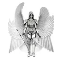 Full humanoid angle, in armor holding a scythe with a rosary. Wings are tucked tattoo design idea