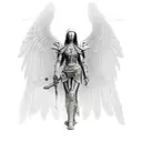 Full humanoid angle, in armor holding a scythe with a rosary. Wings are tucked tattoo design idea