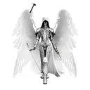 Full humanoid angle, in armor holding a scythe with a rosary. Wings are tucked tattoo design idea