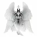 Full humanoid angle, in armor holding a scythe with a rosary. Wings are tucked tattoo design idea