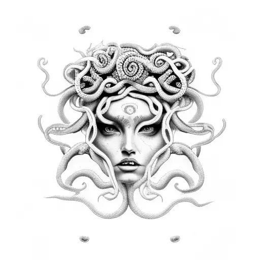 Medusa face, with white eyes, very feminine face, lots of snakes as hair no real hair tattoo design idea