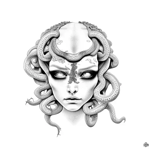Medusa face, with blank eyes, very feminine face, lots of snakes as hair no real hair, volume up the head tattoo design idea