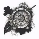 broken clock using Roman numerals that reads 9:22 tattoo design idea