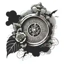 broken clock using Roman numerals that reads 9:22 tattoo design idea