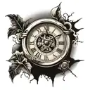 broken clock using Roman numerals that reads 9:22 tattoo design idea
