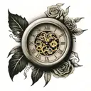 broken clock using Roman numerals that reads 9:22 tattoo design idea