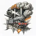 thomas the tank engine on fire with the twin towers and a wind turbine in the background tattoo design idea