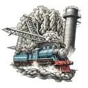 thomas the tank engine on fire with the twin towers and a wind turbine in the background tattoo design idea