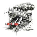 thomas the tank engine on fire with the twin towers and a wind turbine in the background tattoo design idea
