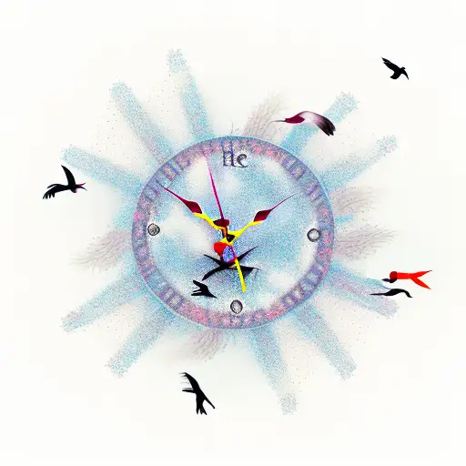 A surreal scene of birds flying through the gates of heaven, with a clock in the background tattoo design idea