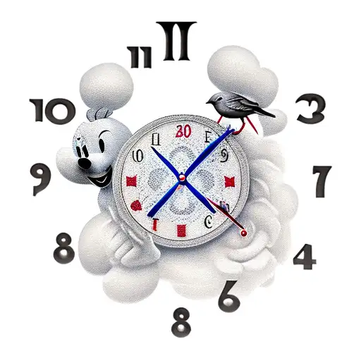 gates of heaven with clock, two birds and Mickey Mousd tattoo design idea