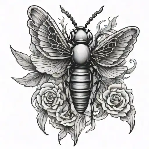 winged insect and funeral pyre tattoo design idea