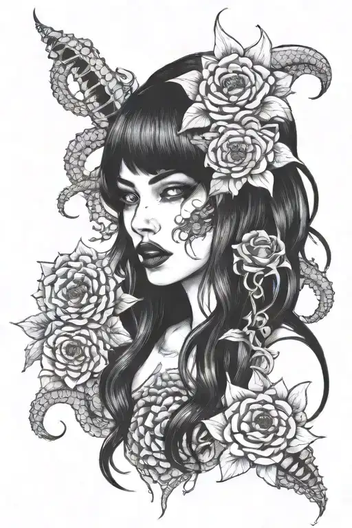 monster teeth and tentacles and disturbing faces and flowers tattoo design idea