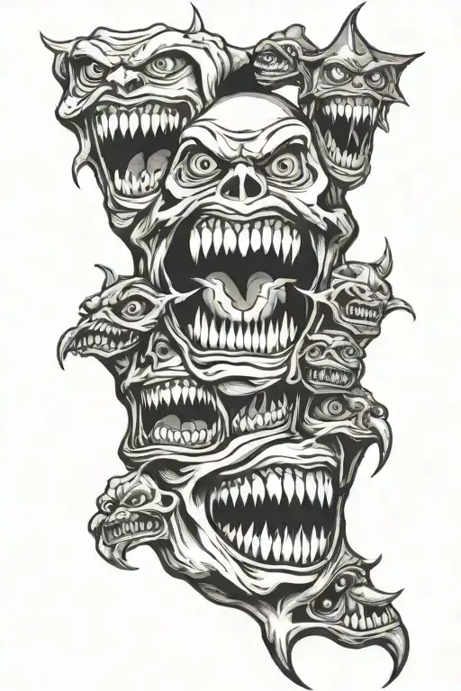 Monster teeth and disturbing faces tattoo design idea