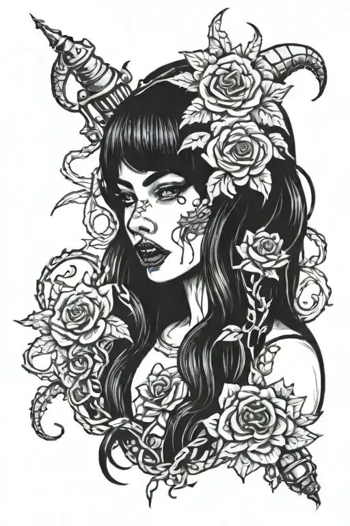monster teeth and tentacles and flowers and girl with drill through her cheeks tattoo design idea