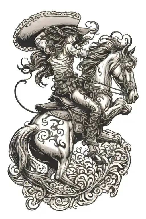 cowgirl on bucking horse with leather tooling   tattoo design idea