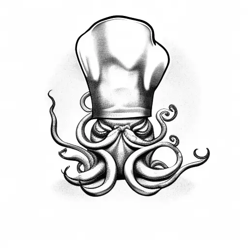 A black-grey tattoo of a muscular octopus cooking in a chef's hat tattoo design idea