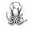 A black-grey tattoo of a muscular octopus cooking in a chef's hat tattoo design idea