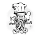 A black-grey tattoo of a muscular octopus cooking in a chef's hat tattoo design idea