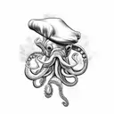 A black-grey tattoo of a muscular octopus cooking in a chef's hat tattoo design idea