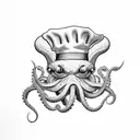 A black-grey tattoo of a muscular octopus cooking in a chef's hat tattoo design idea