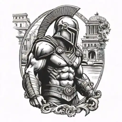 A musculation athlete with a spartan helmet overlooking the Seine River in Paris tattoo design idea