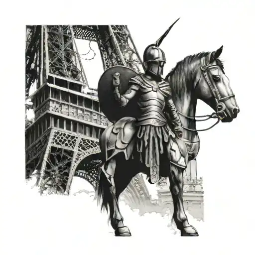 A spartan warrior standing in front of the Eiffel Tower in Paris tattoo design idea