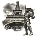 A spartan warrior standing in front of the Eiffel Tower in Paris tattoo design idea