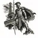 A spartan warrior standing in front of the Eiffel Tower in Paris tattoo design idea