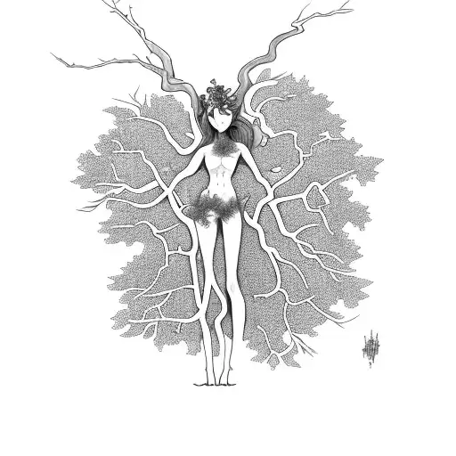 full body female dryad (tree spirit) with limbs that extend into branches and roots tattoo design idea