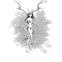 full body female dryad (tree spirit) with limbs that extend into branches and roots tattoo design idea