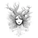 full body female dryad (tree spirit) with limbs that extend into branches and roots tattoo design idea