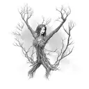 full body female dryad (tree spirit) with limbs that extend into branches and roots tattoo design idea