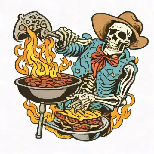 cowboy Skeleton grilling  beans with lots of fire tattoo design idea