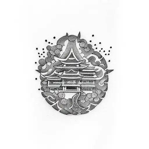 Japanese "A Dotwork Tattoo Of A House On Fire,..." Tattoo Idea