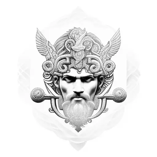An intricate blackwork tattoo of a Greek god holding a caduceus tattoo design idea