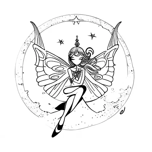 A celestial fairy sitting on a crescent moon tattoo design idea