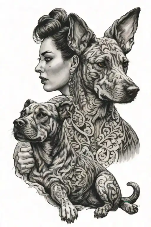 brindle dog and woman with tattoos  tattoo design idea