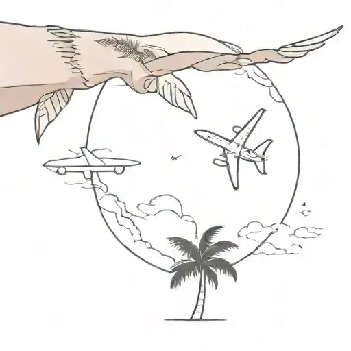 world, palm tree, flying plane tattoo design idea