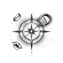 A black and grey tattoo of a tulip with a musical note stem, surrounded by a compass and airplane symbolizing travel and adventure. tattoo design idea