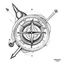 A black and grey tattoo of a tulip with a musical note stem, surrounded by a compass and airplane symbolizing travel and adventure. tattoo design idea