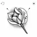 A black and grey tattoo of a tulip with a musical note stem, surrounded by a compass and airplane symbolizing travel and adventure. tattoo design idea